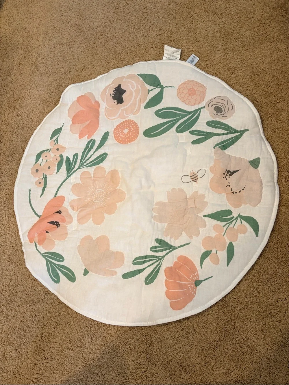 Pottery Barn Kids Muslin Round Play Mat floral in Peach, Pink & Green 4 pics